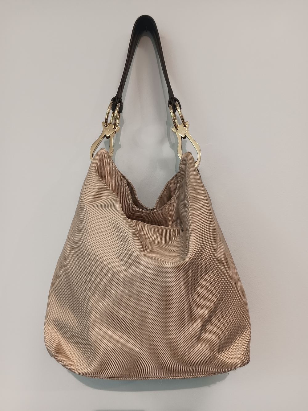 JPK Paris 75 Tan/Gold Nylon Hobo Shoulder Bag Gold Hardware Signature Hooks
